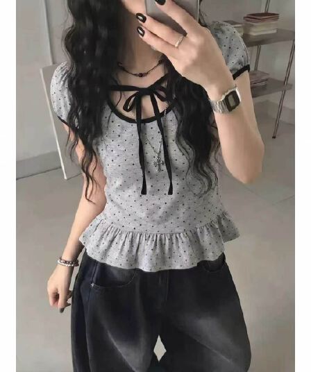 재고 있음 chic Chic 스트랩 u 칼라 연꽃 잎 옆으로 눕다. 바르게 되다 어깨 티셔츠