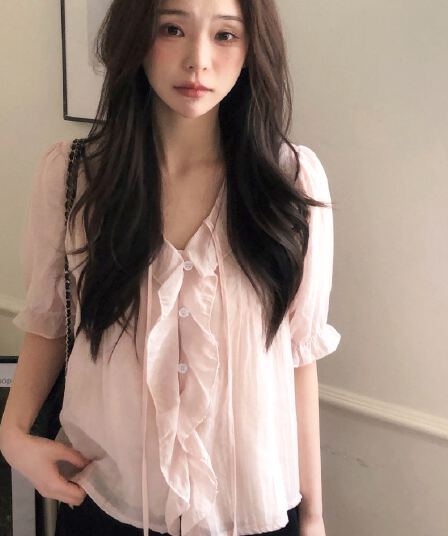 chic 달콤함 낭만주의 연령 감소 프릴 물결무늬 칼라 플리츠 레이스업 마이크로 ~을 통해 이중층 반팔 여성 셔츠