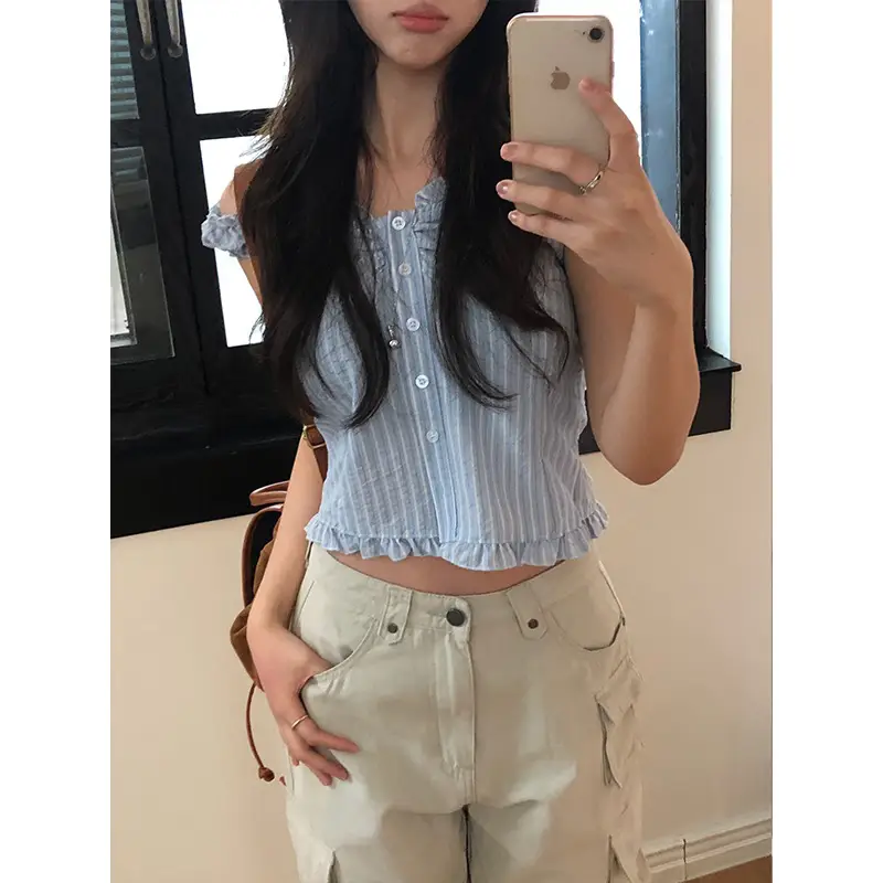 러플 블루 스트라이프 오프숄더 2웨이 셔츠 상세 이미지 3