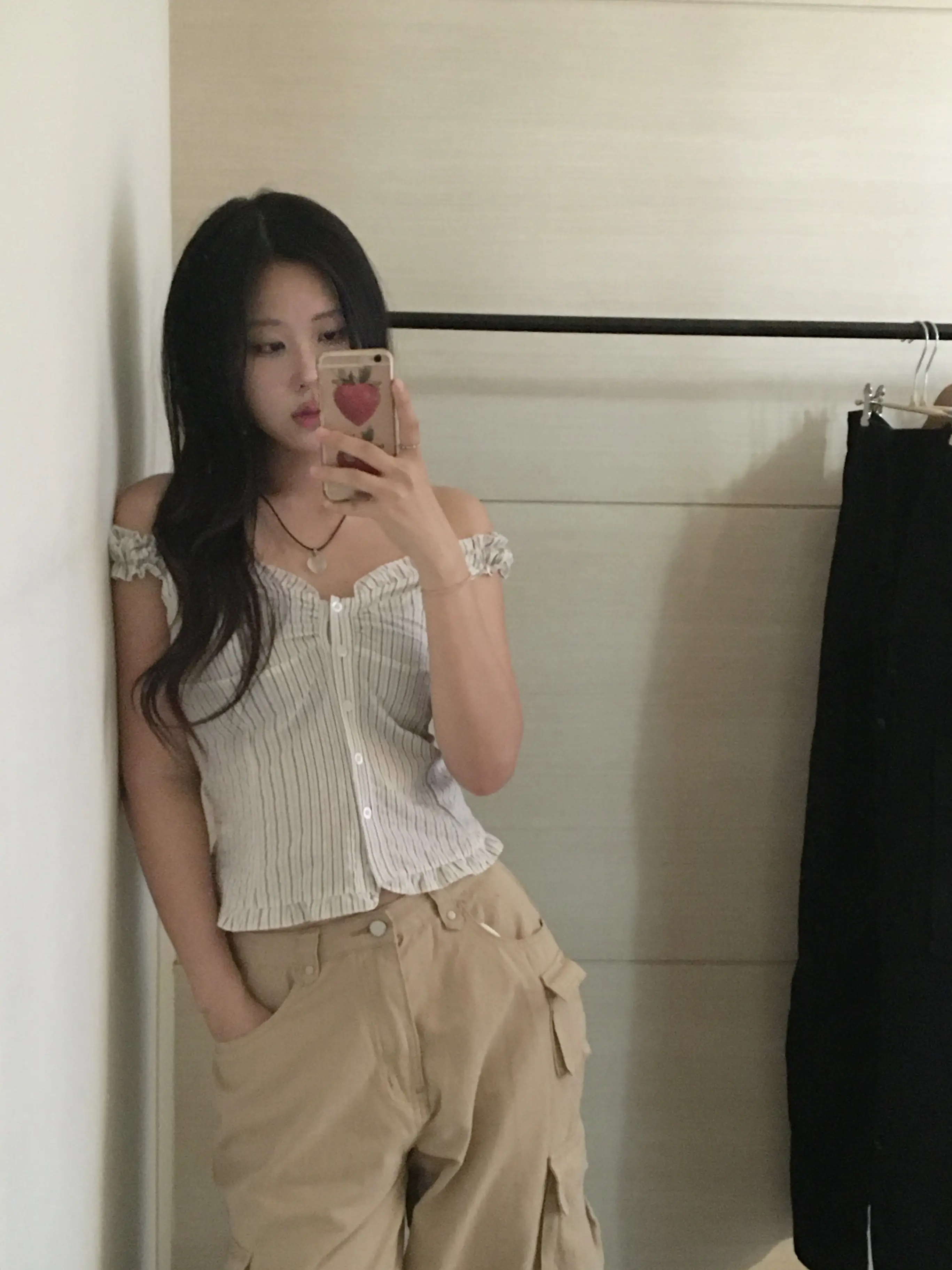 러플 블루 스트라이프 오프숄더 2웨이 셔츠 상세 이미지 6