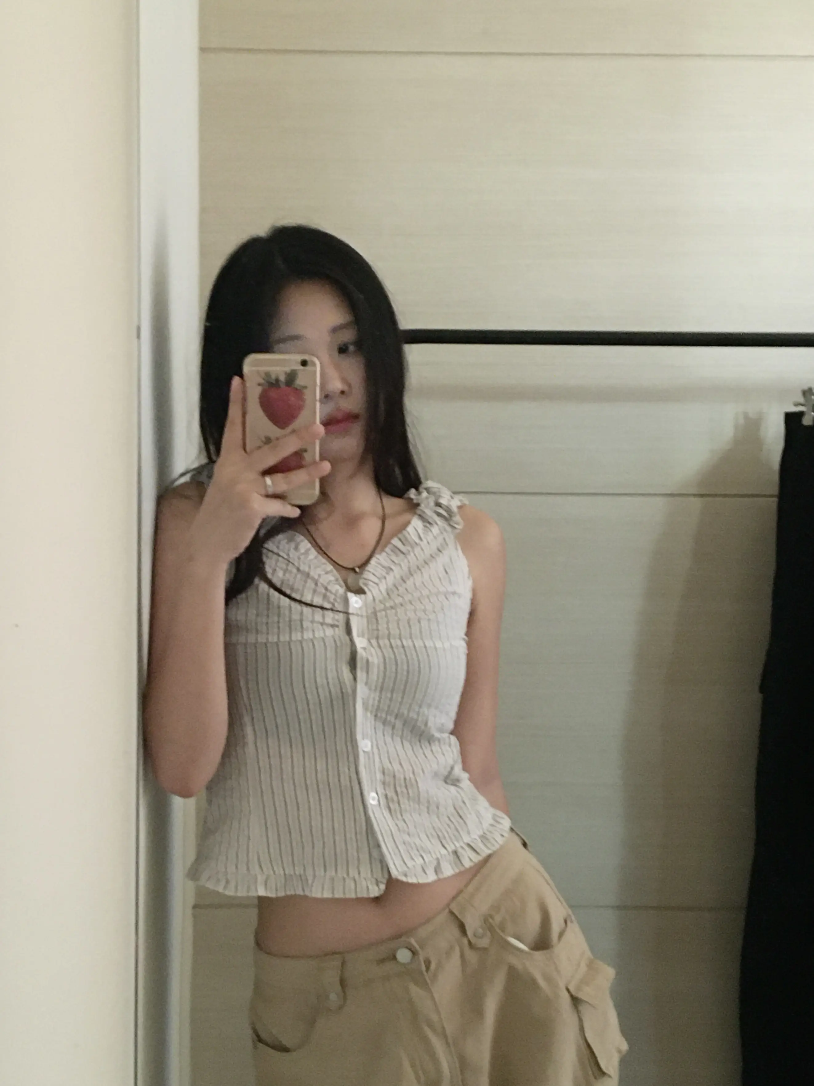 러플 블루 스트라이프 오프숄더 2웨이 셔츠 상세 이미지 7