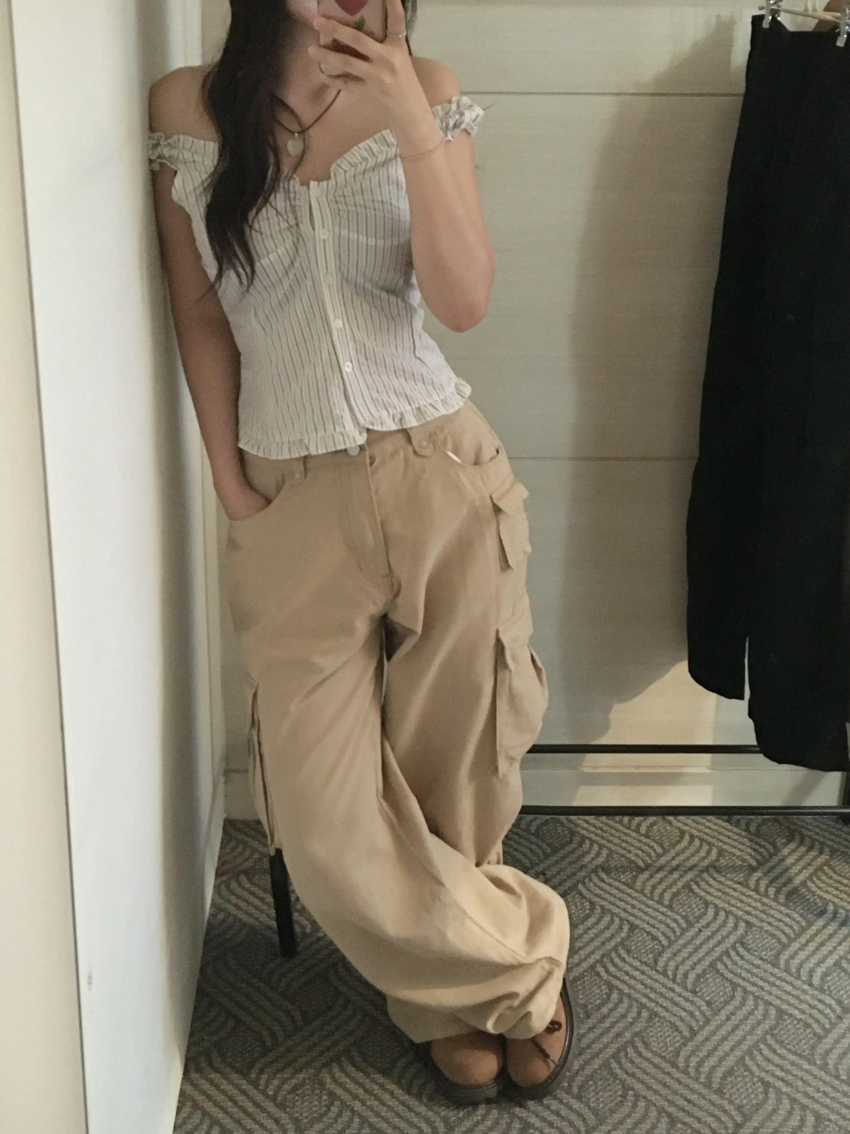 러플 블루 스트라이프 오프숄더 2웨이 셔츠 상세 이미지 8