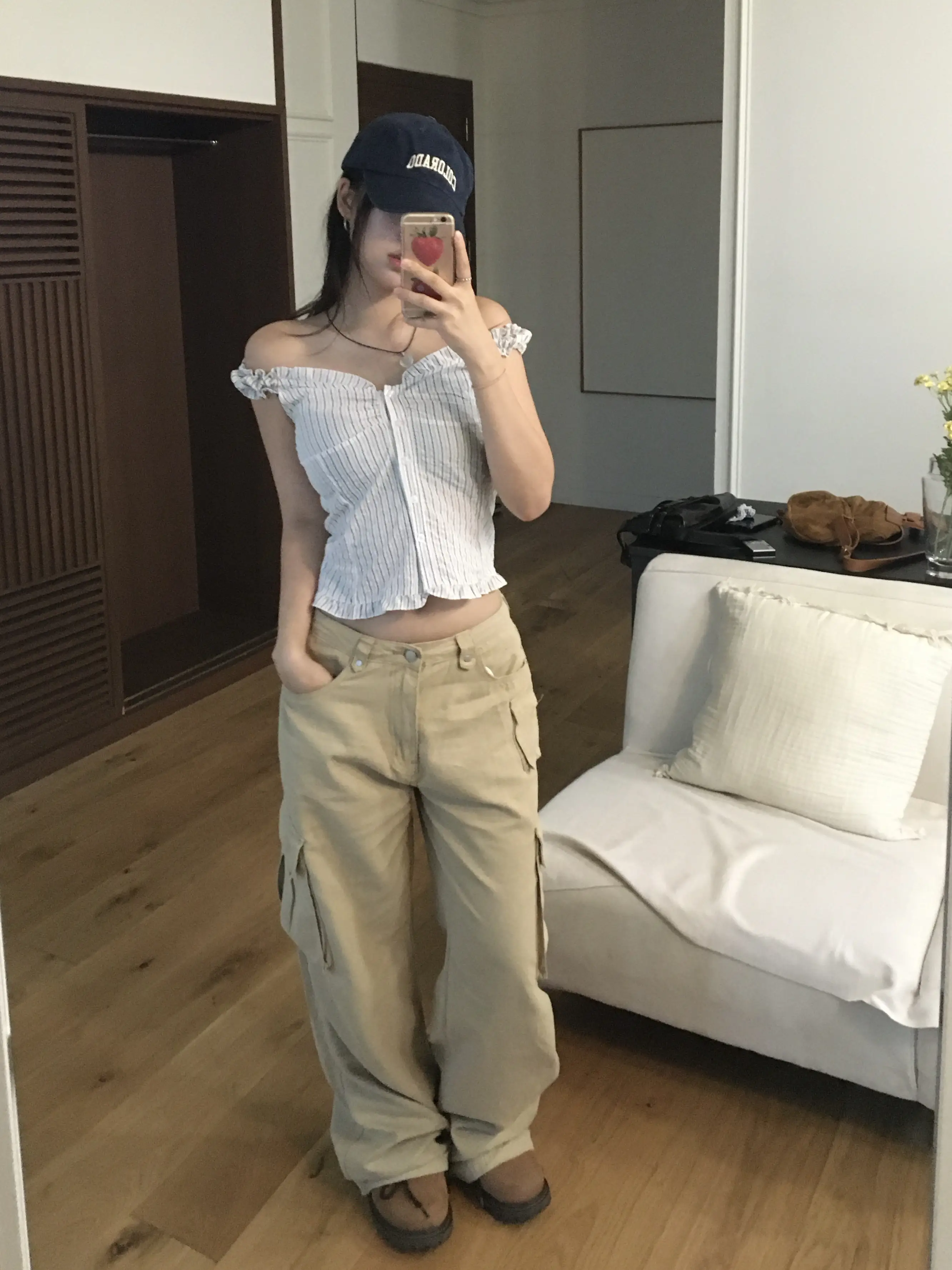 러플 블루 스트라이프 오프숄더 2웨이 셔츠 상세 이미지 10