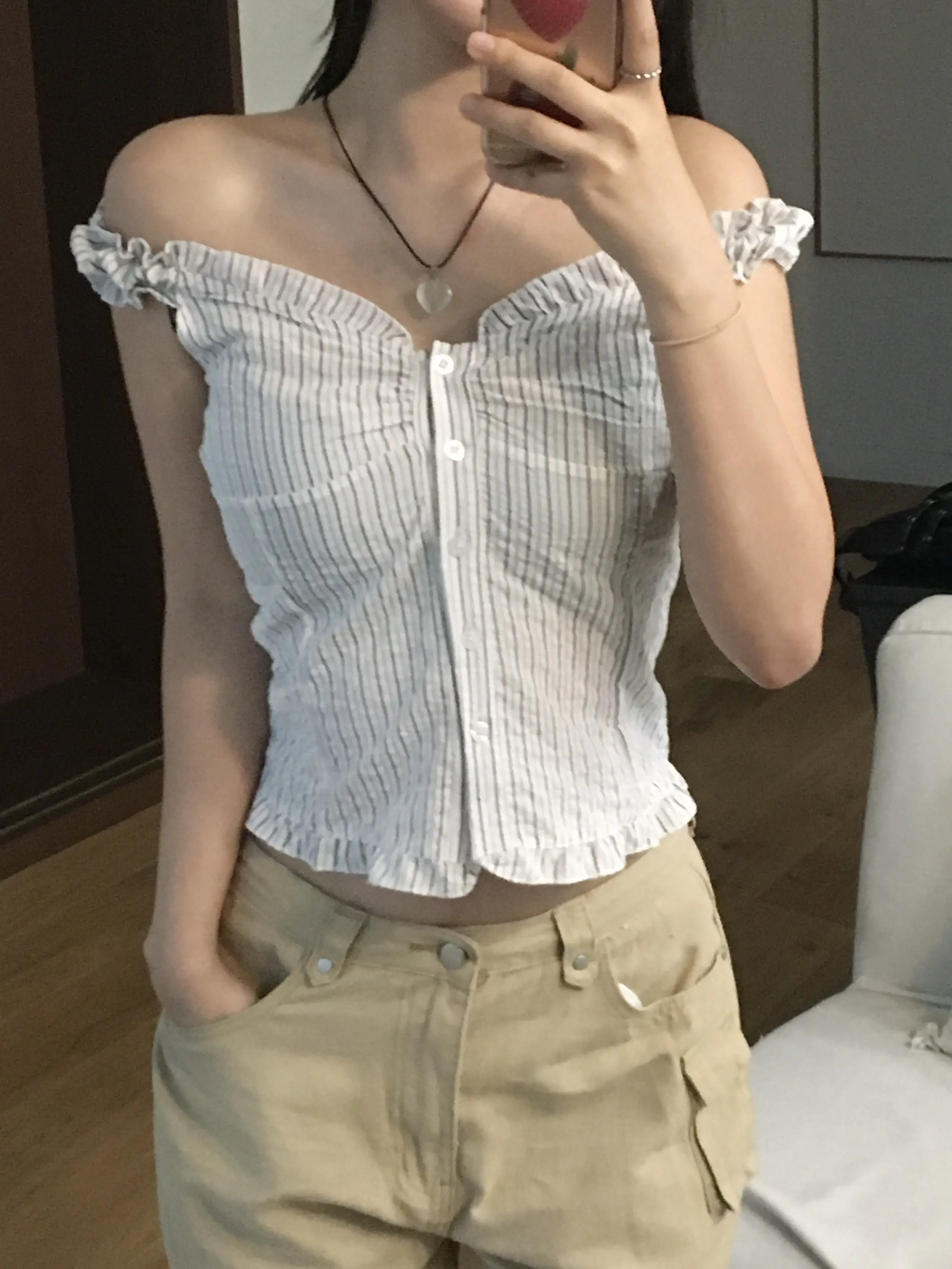 러플 블루 스트라이프 오프숄더 2웨이 셔츠 상세 이미지 11