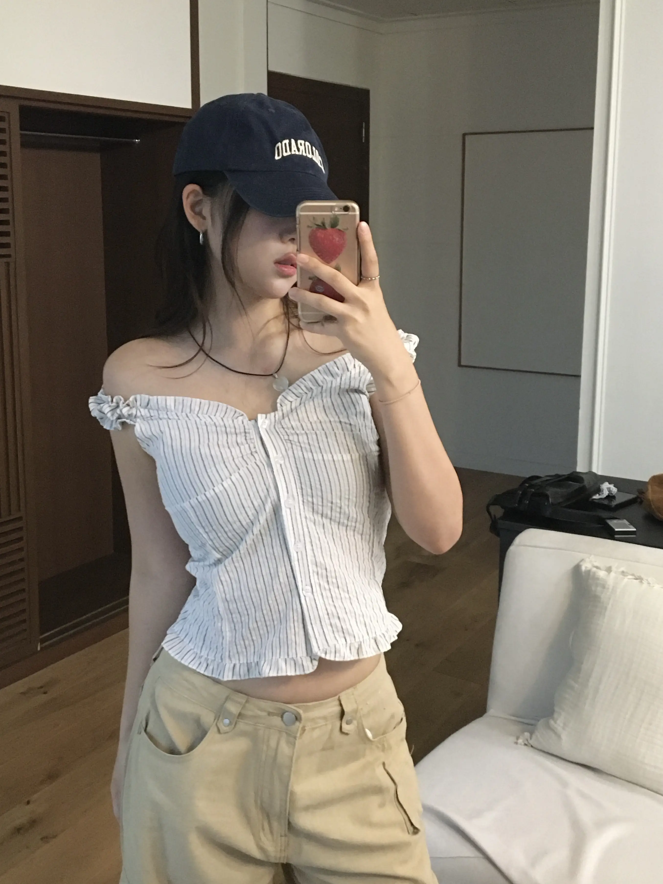 러플 블루 스트라이프 오프숄더 2웨이 셔츠 상세 이미지 12