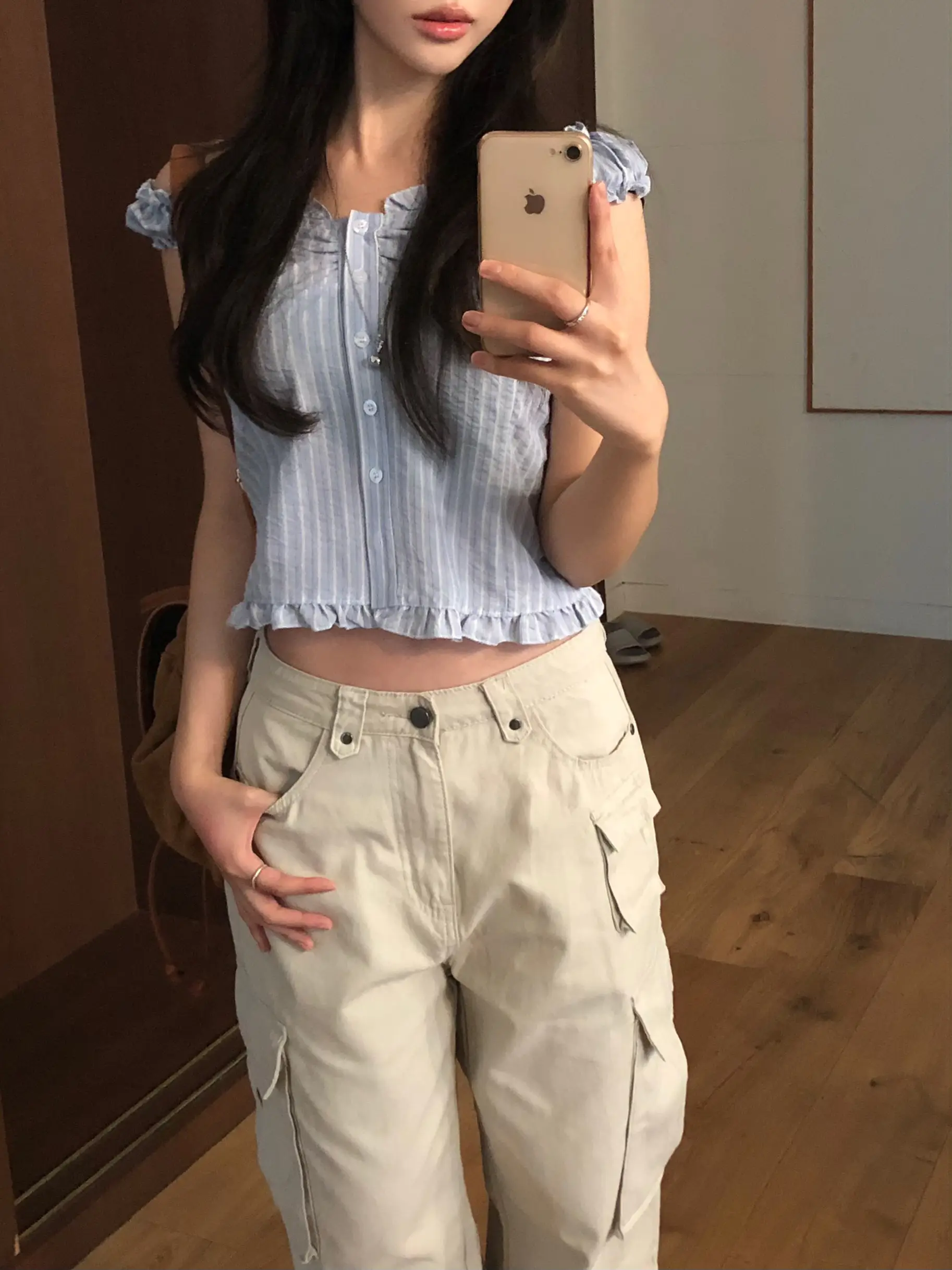 러플 블루 스트라이프 오프숄더 2웨이 셔츠 상세 이미지 13