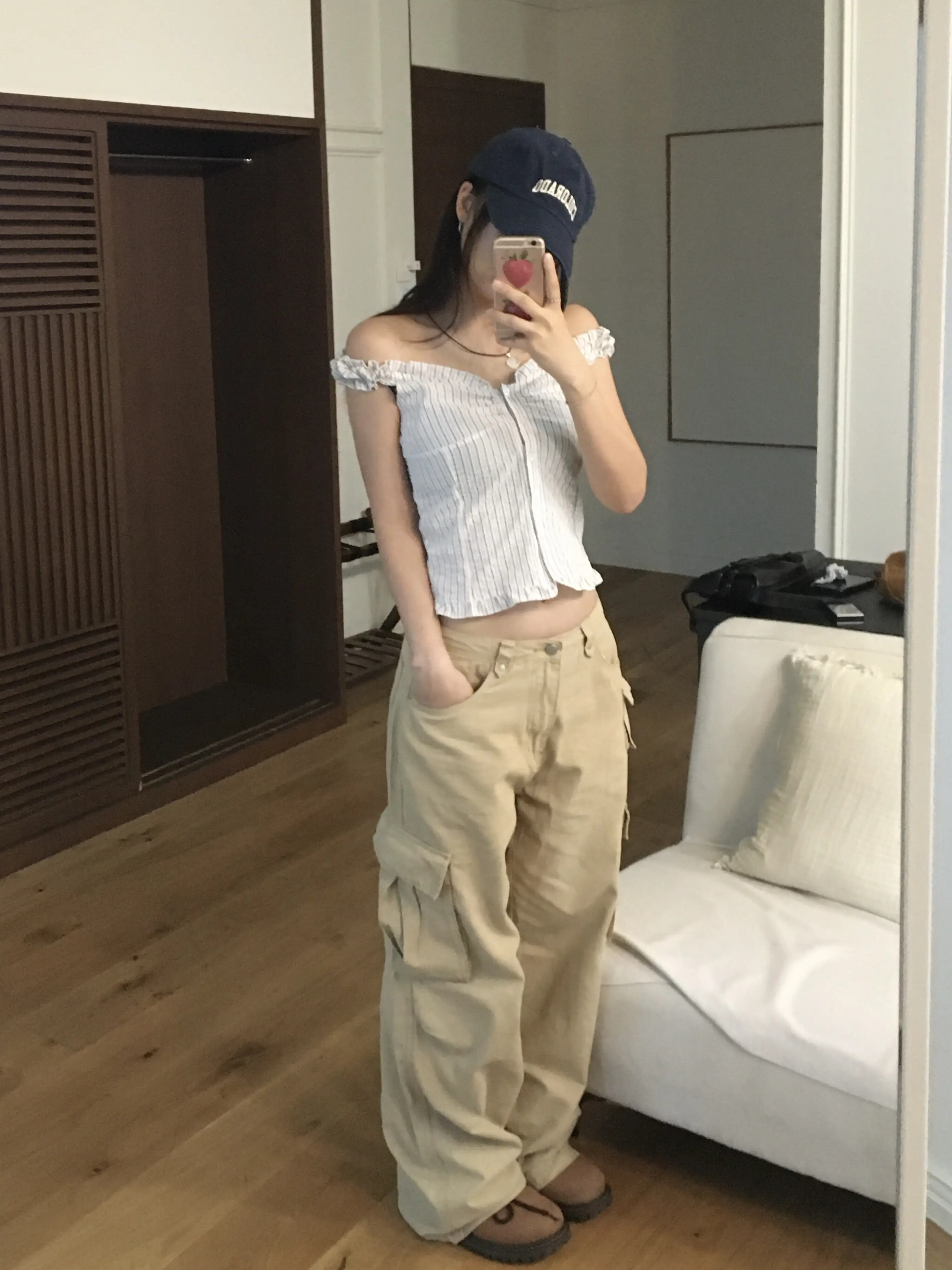 러플 블루 스트라이프 오프숄더 2웨이 셔츠 상세 이미지 15