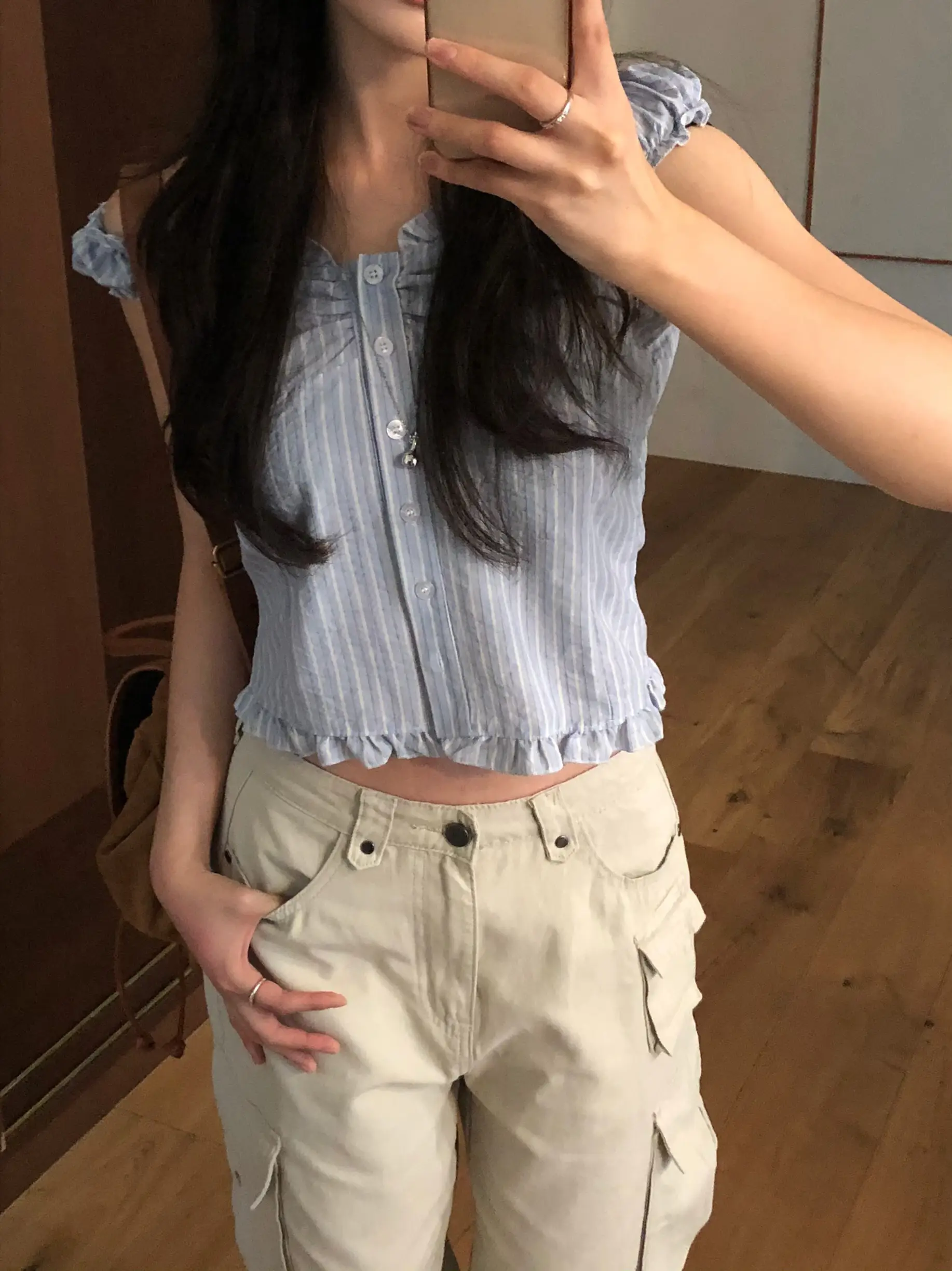 러플 블루 스트라이프 오프숄더 2웨이 셔츠 상세 이미지 18