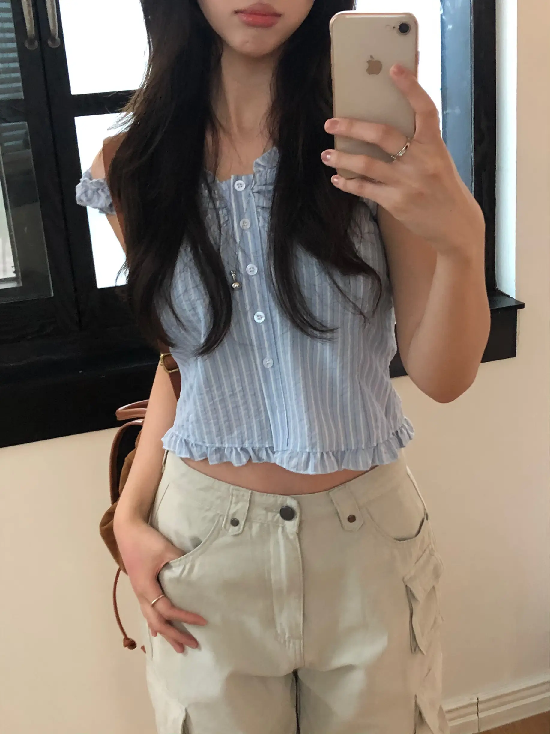 러플 블루 스트라이프 오프숄더 2웨이 셔츠 상세 이미지 20