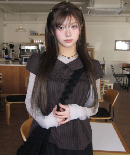 재고 있음 레트로 레이스 베이비 칼라 반팔 맨위 루즈핏 슬림해 보이는 격자 무늬 셔츠