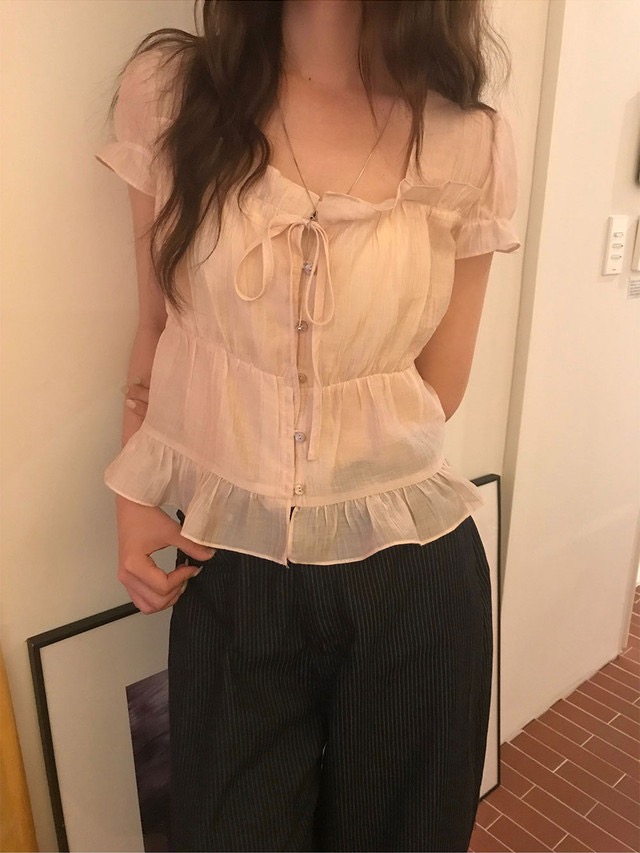 재고 있음 chic 한 부서 여름 프랑스식 달콤함 연령 감소 부드러운 프릴 주름 장식 허리 수축 반팔 쉬폰 셔츠