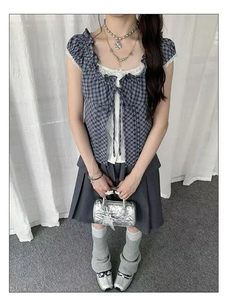 한국인기 홀터넥 슬리브리스 체크 셔츠 가디건 세트 상세 이미지 5