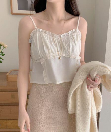 재고 있음 미니멀리즘 달콤함 부드러운 목이버섯 레이스 칼라 주름 디자인 슬립 작은 조끼