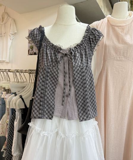 원본 재고 있음 chic 한 부서 단색 행침 목 슬립 코디 펌프 Pleat 체크무늬 셔츠