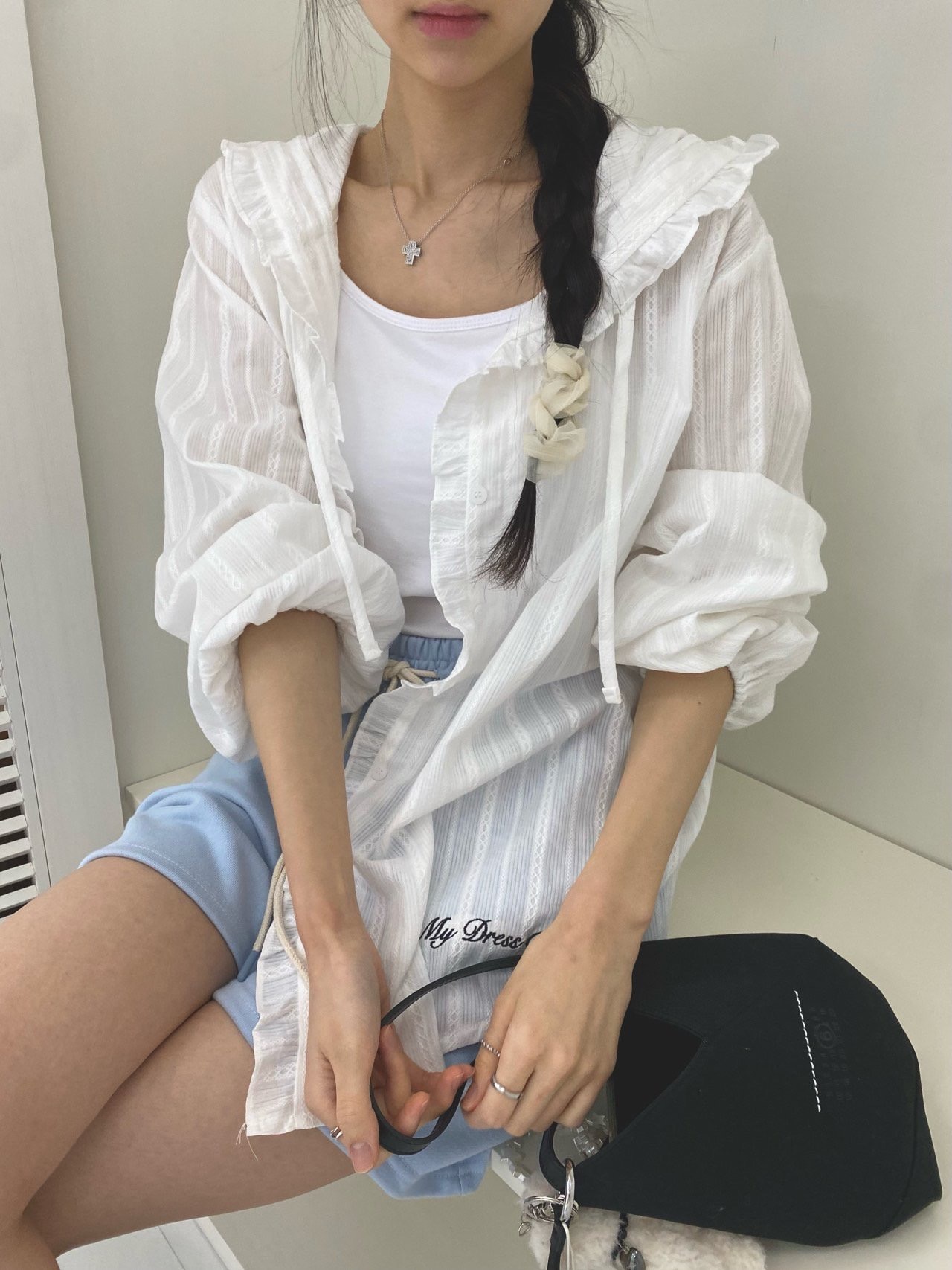 chic 자카드 후드 프릴 장식 재킷