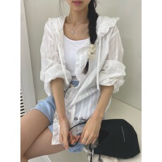 批发chic 提花连帽木耳边装饰外套