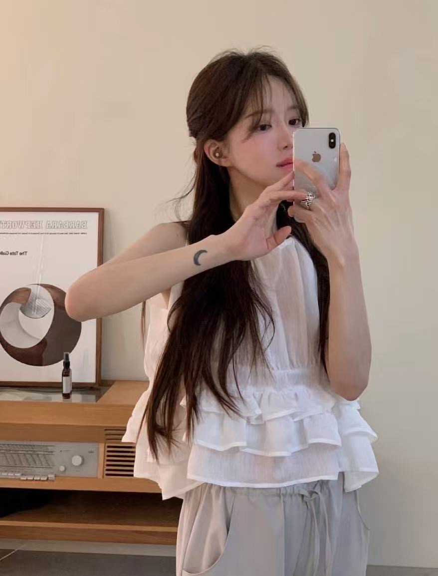 chic 한 부서 귀여운 연령 감소 층 프릴 민소매 다용도 조끼