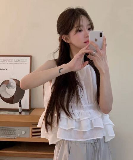 재고 있음 chic 한 부서 귀여운 연령 감소 층 프릴 민소매 다용도 조끼