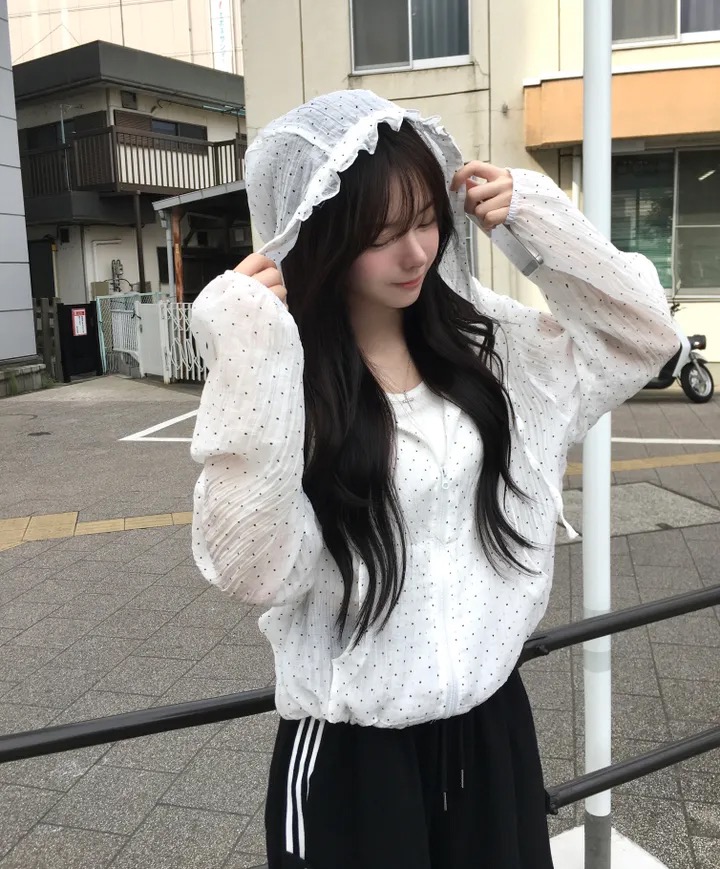 있음 선적 chic 한국 스타일 도트 무늬 후드 태양 보호 셔츠 여성