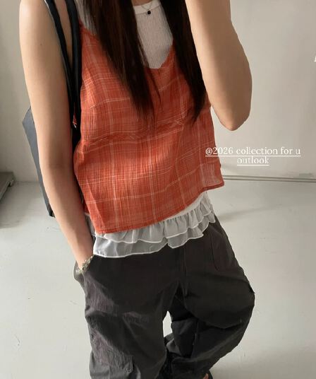 chic 한 부서 작은 청신 대나무 마디 조끼 체크무늬 슬립 작은 셔츠 세트