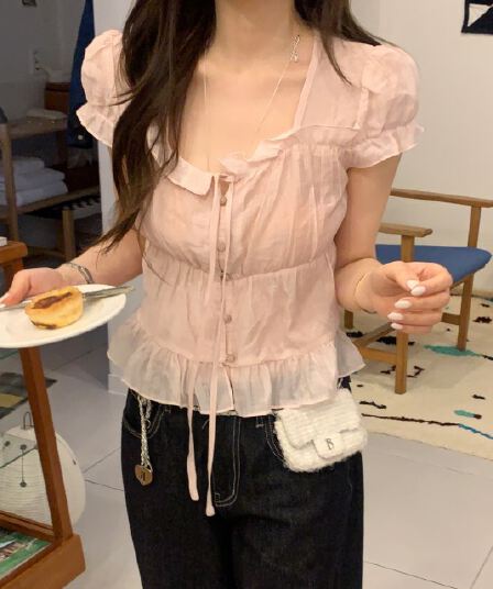 재고 있음 chic 한 부서 여름 프랑스식 달콤함 연령 감소 부드러운 프릴 주름 장식 허리 수축 반팔 쉬폰 셔츠
