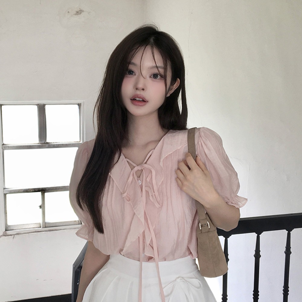 2026 달콤함 낭만주의 연령 감소 프릴 물결무늬 칼라 플리츠 레이스업 마이크로 ~을 통해 반팔 셔츠