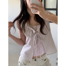 批发有货 chic 日系背心格子小衫两件套