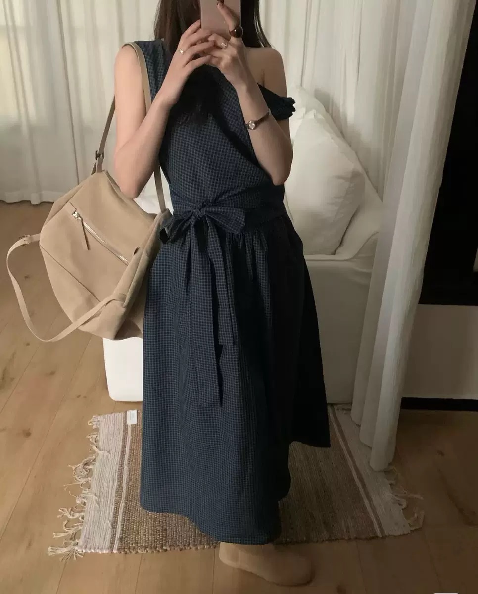 chic 한 부서 체크무늬 비대칭 매듭 비스듬한 어깨 민소매 드레스