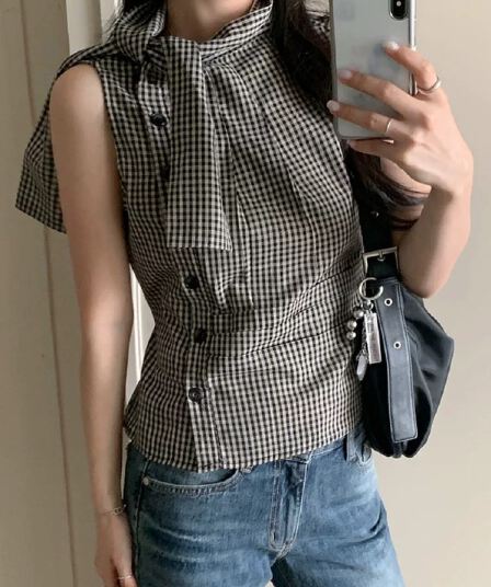 재고 있음 chic 한국 스타일 불규칙 레이스업 체크무늬 조끼