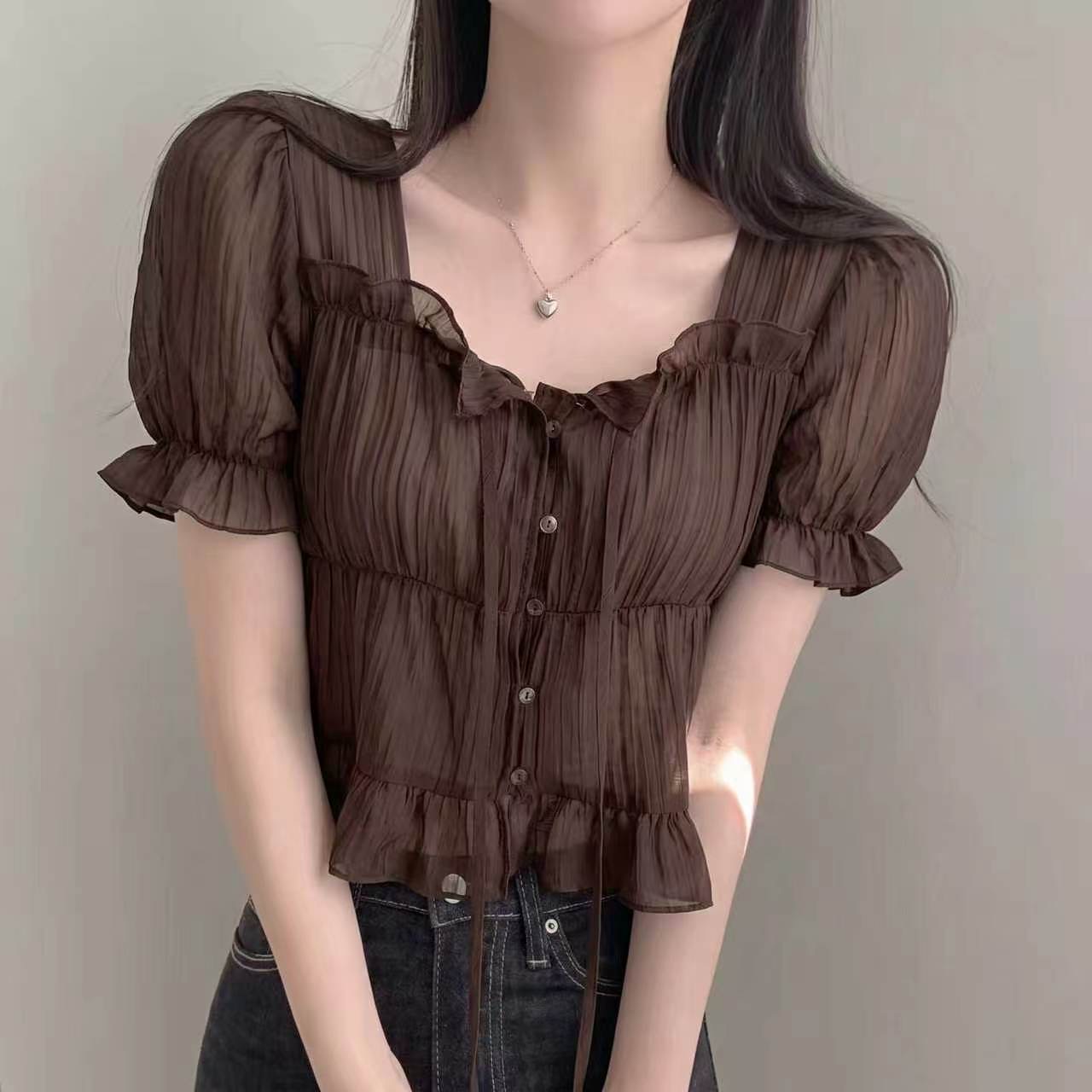 재고 있음 chic 한 부서 여름 프랑스식 달콤함 연령 감소 부드러운 프릴 주름 장식 허리 수축 반팔 쉬폰 셔츠
