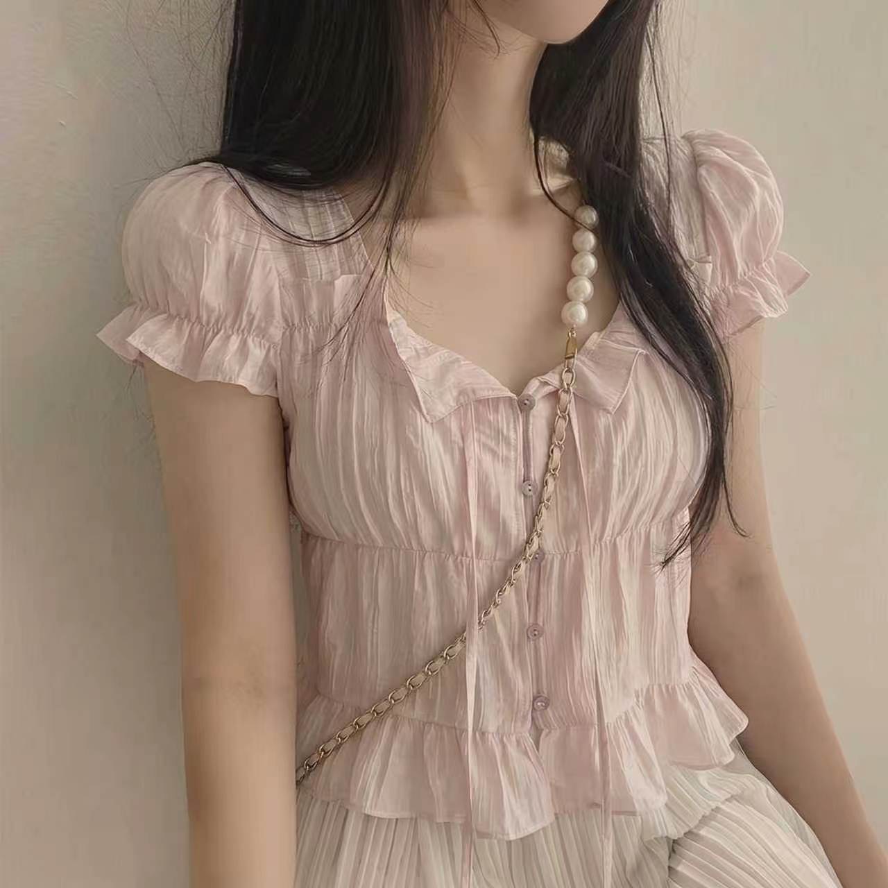 재고 있음 chic 한 부서 여름 프랑스식 달콤함 연령 감소 부드러운 프릴 주름 장식 허리 수축 반팔 쉬폰 셔츠