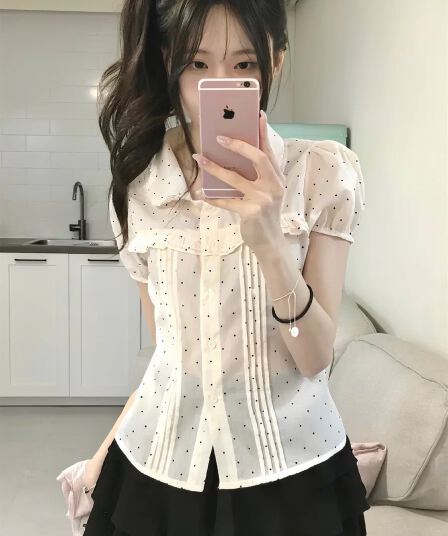 재고 있음 한 여성 꽃무늬 도트 무늬 레이스 소녀 여름 다용도 슬림해 보이는 프릴 반팔 셔츠