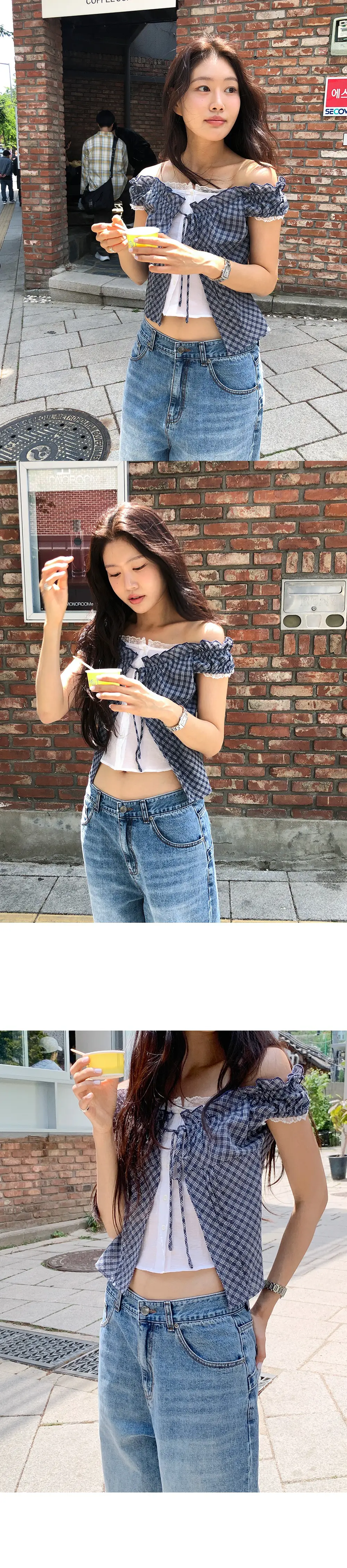 한국인기 홀터넥 슬리브리스 체크 셔츠 가디건 세트 상세 이미지 10