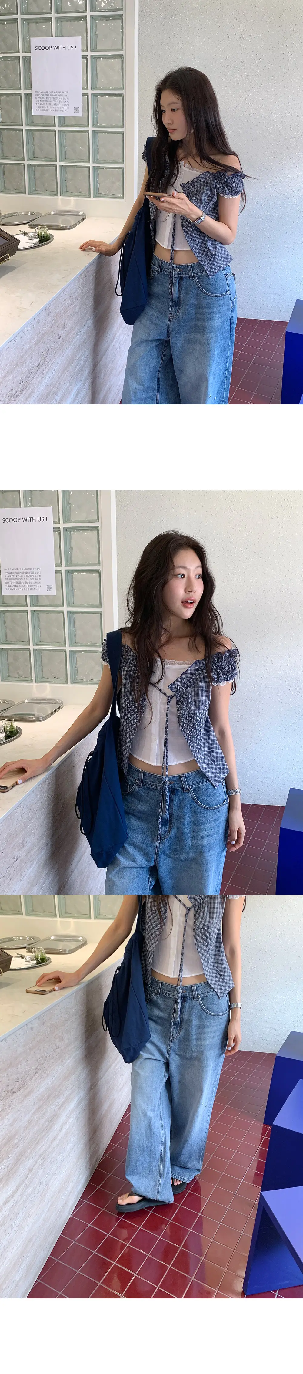 한국인기 홀터넥 슬리브리스 체크 셔츠 가디건 세트 상세 이미지 13