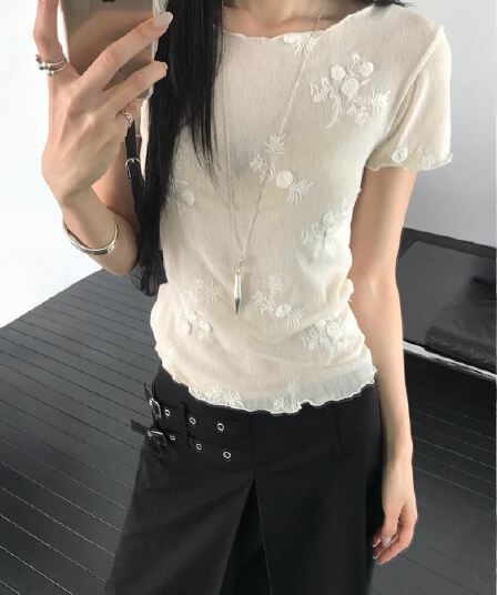 chic 한국 동대문 여름 드레스 새로운 리플 프릴 얇은 스타일 레이스 반팔 티셔츠 여성