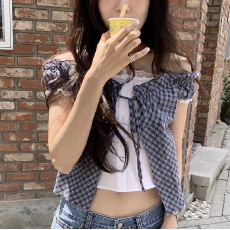 批发有货 chic 韩系纯色挂脖吊带搭配抽褶格子衬衣<b class='q'>开衫</b>