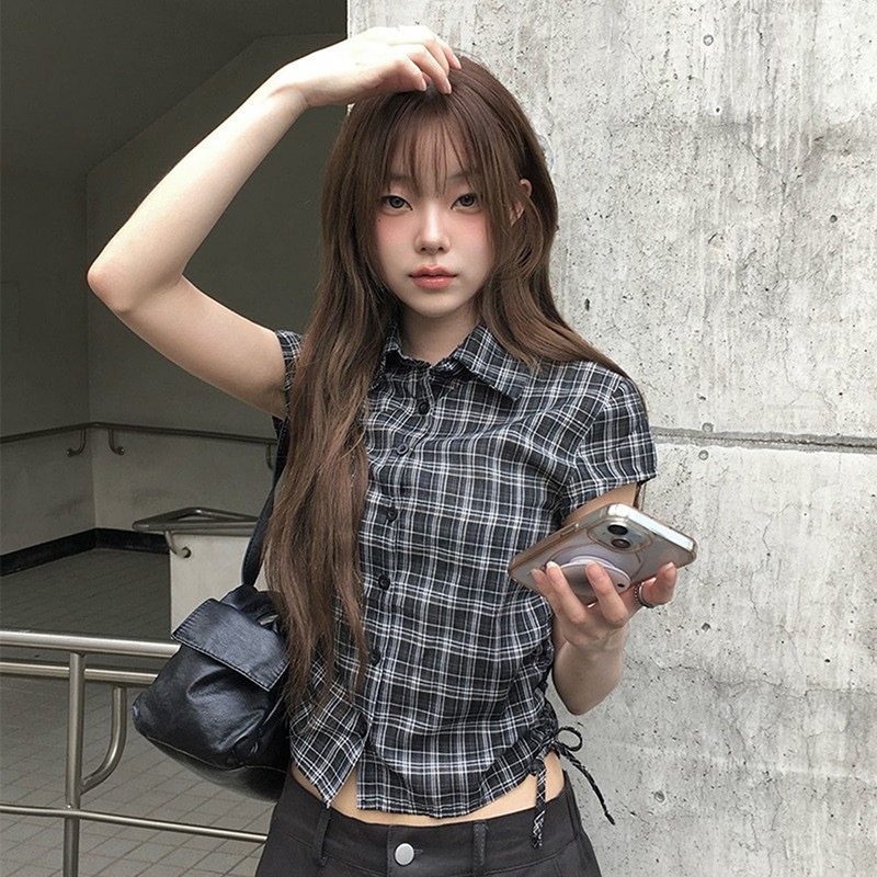 재고 있음 chic 한국 새로운 일본식 측면 펌프 로프 어두운 색 체크무늬 슬림해 보이는 심지어 어깨 소매 반팔 셔츠
