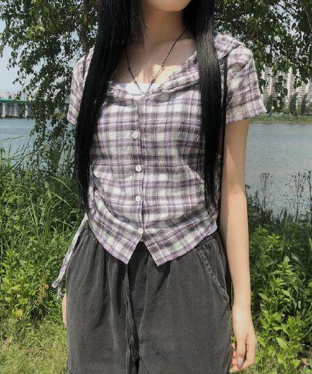 chic 여름 다용도 체크무늬 측면 펌프 로프 후드 반팔 체크무늬 후드 셔츠