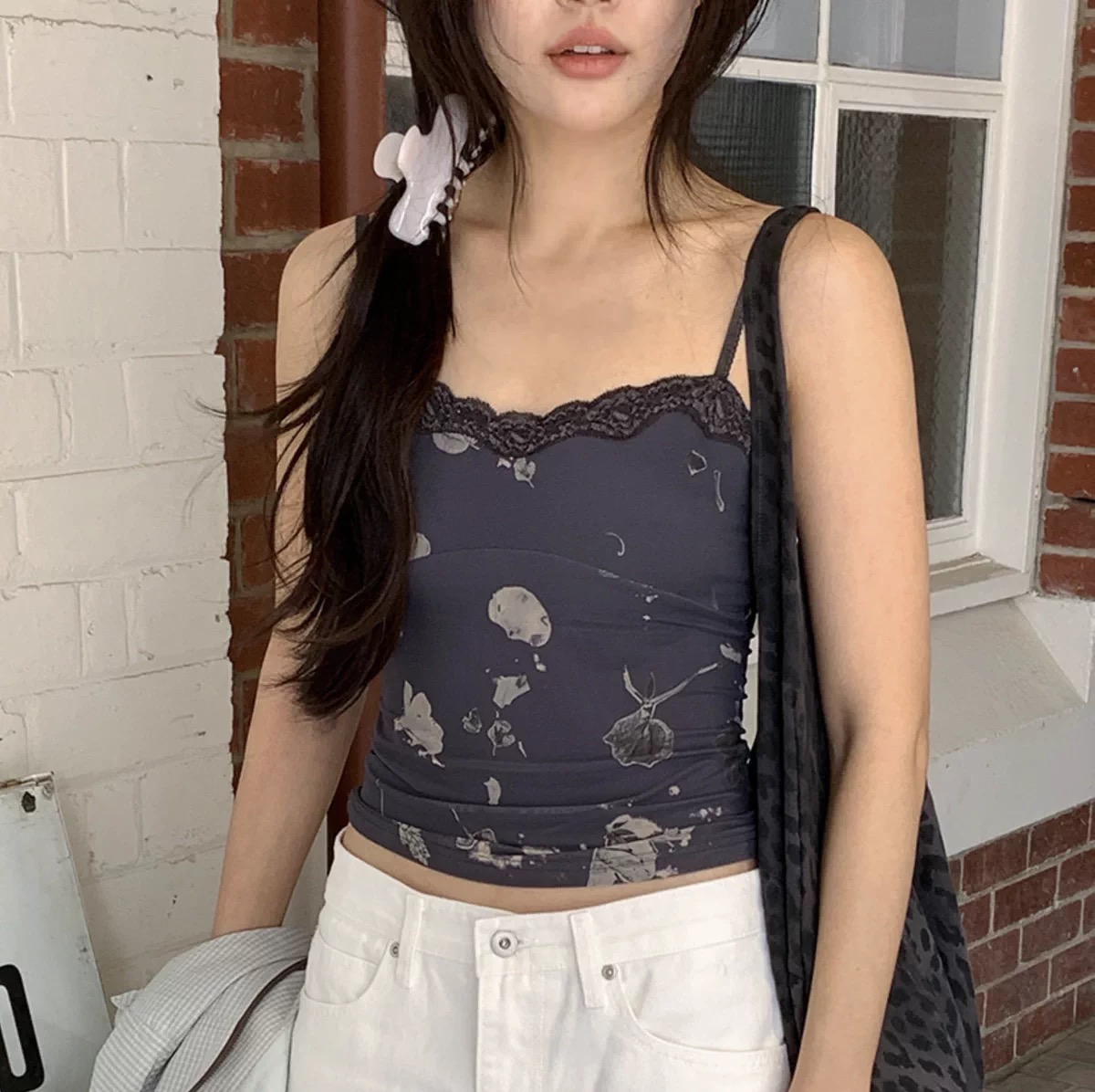 chic 레트로 낭만주의 레이스 측면 꽃 몸매 가꾸기 쇼트 스타일 슬립