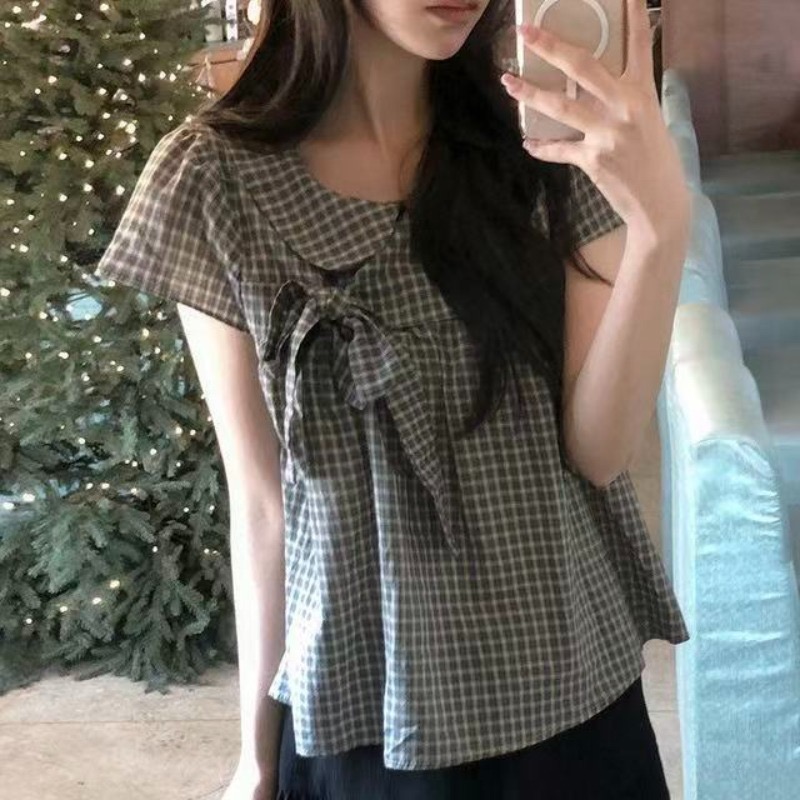 재고 있음 chic 베이비 칼라 체크무늬 나비 매듭 루즈핏 반팔 셔츠