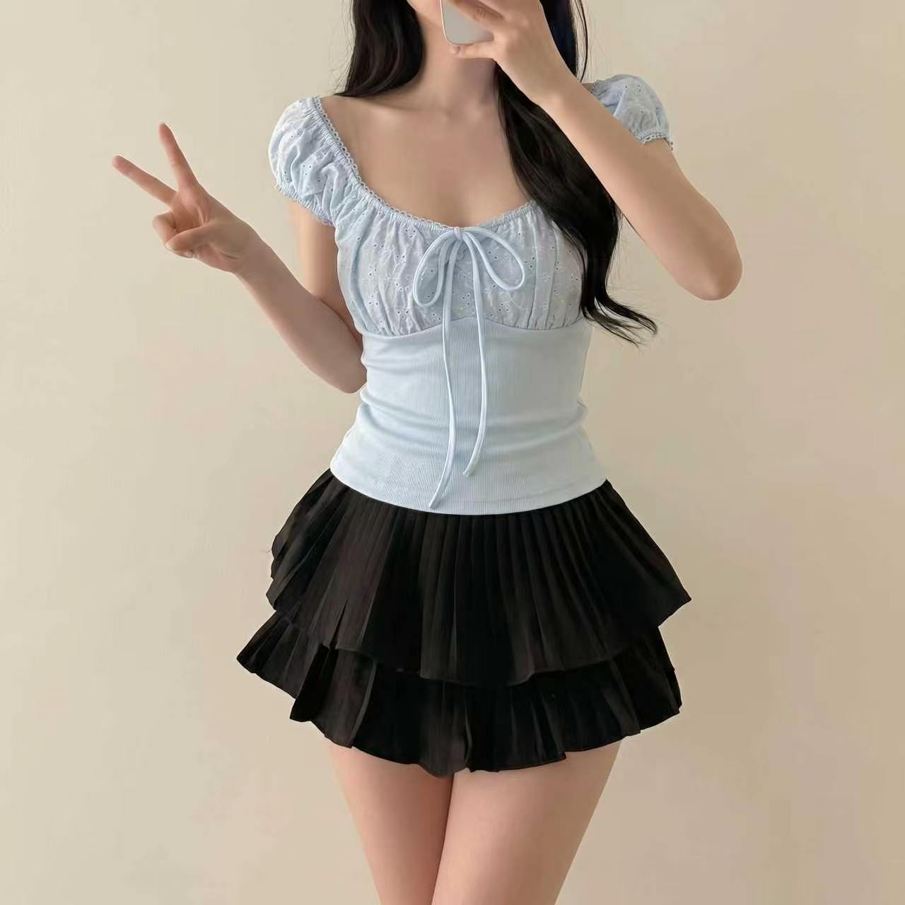 chic 레이스 레이스 광장 칼라 반팔 거품 소매 티셔츠 여성