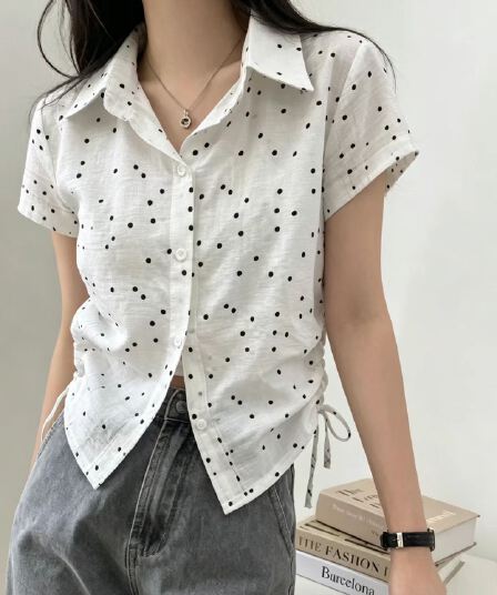 chic 다용도 캐주얼 레이스업 도트 무늬 셔츠