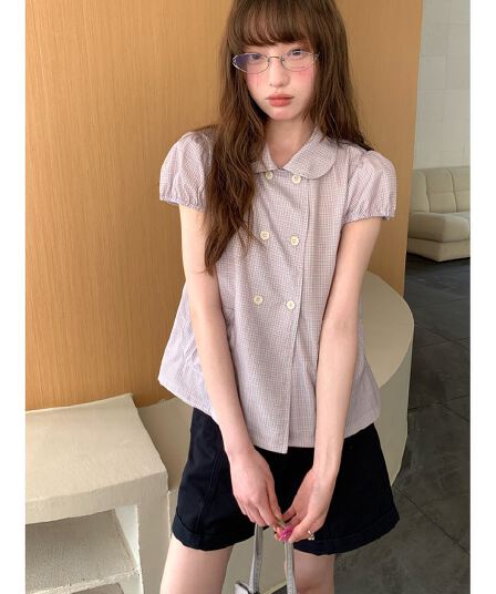 재고 있음 chic 달콤함 레트로 학원 스타일 베이비 칼라 반팔 여성 셔츠