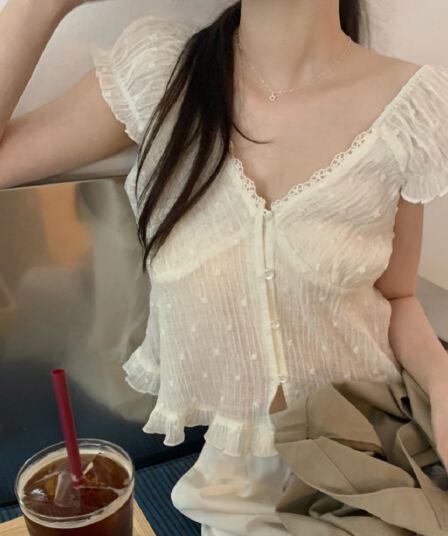 재고 있음 한 부서 여름 신선함 V넥 귀여운 연령 감소 인형 셔츠 일상 다용도 작은 셔츠