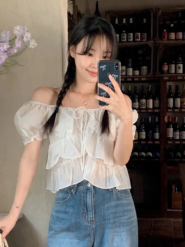 오프숄더 퍼프소매 쉬폰 블라우스 상세 이미지 3