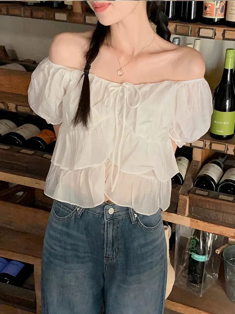 오프숄더 퍼프소매 쉬폰 블라우스 상세 이미지 4