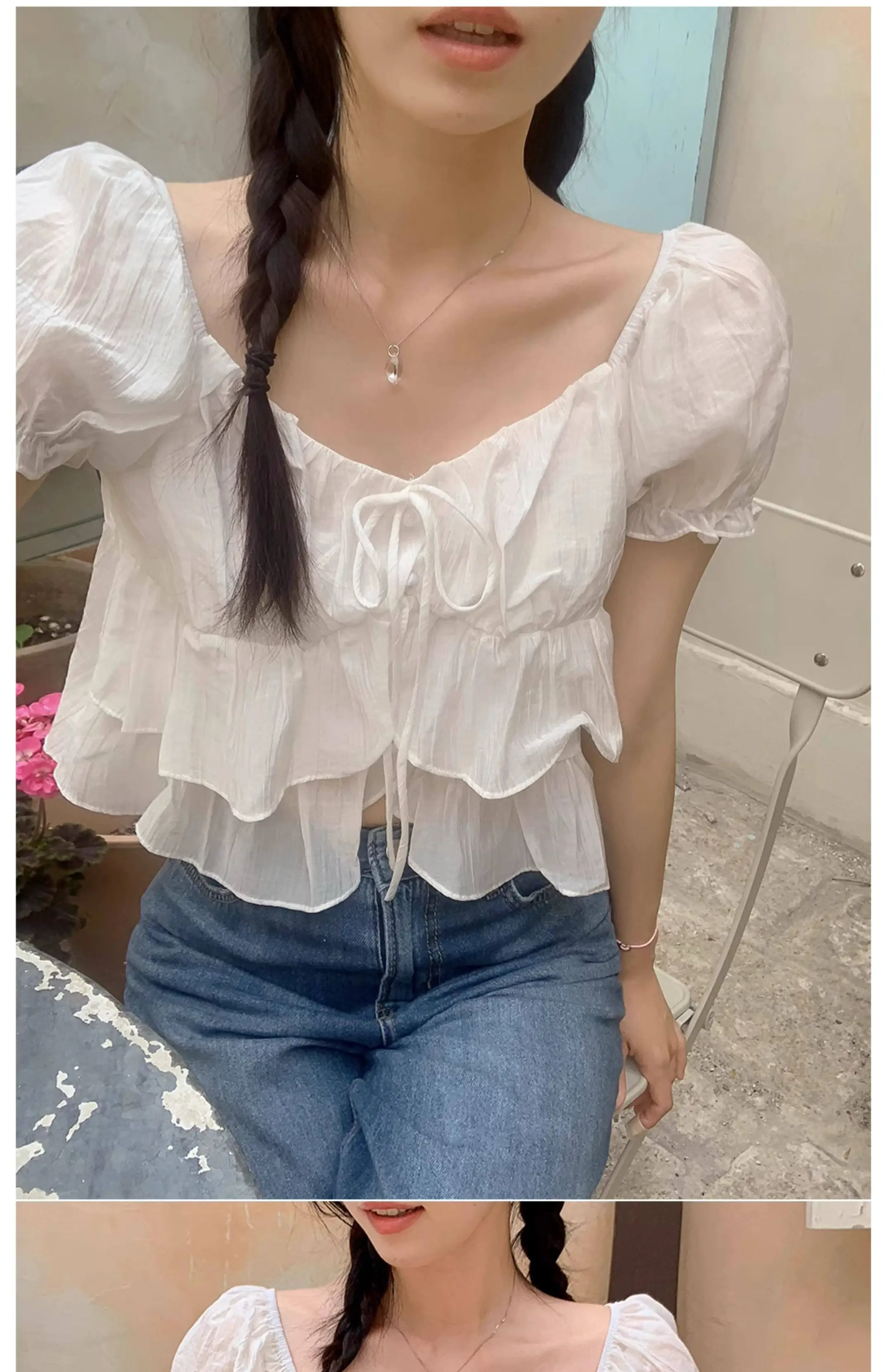 오프숄더 퍼프소매 쉬폰 블라우스 상세 이미지 5