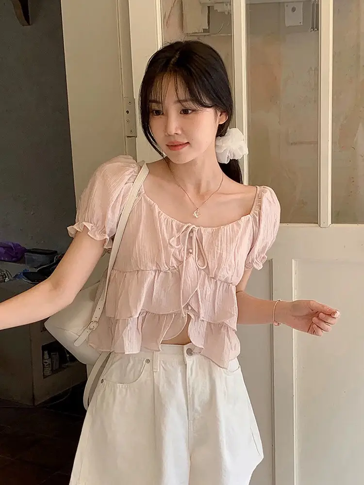오프숄더 퍼프소매 쉬폰 블라우스 상세 이미지 16