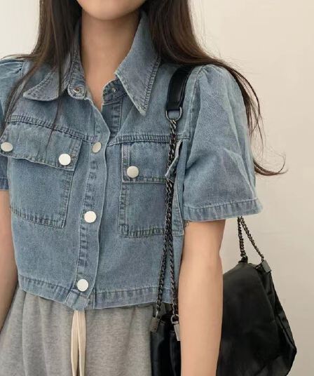 재고 있음 chic 한국 스타일 폴로 칼라 더블 주머니 데님 짧은 외투 반팔 맨위