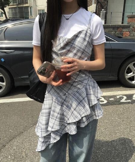 재고 있음 chic 여름 디자인 센스 불규칙 레이스업 프릴 체크무늬 슬립 그룹